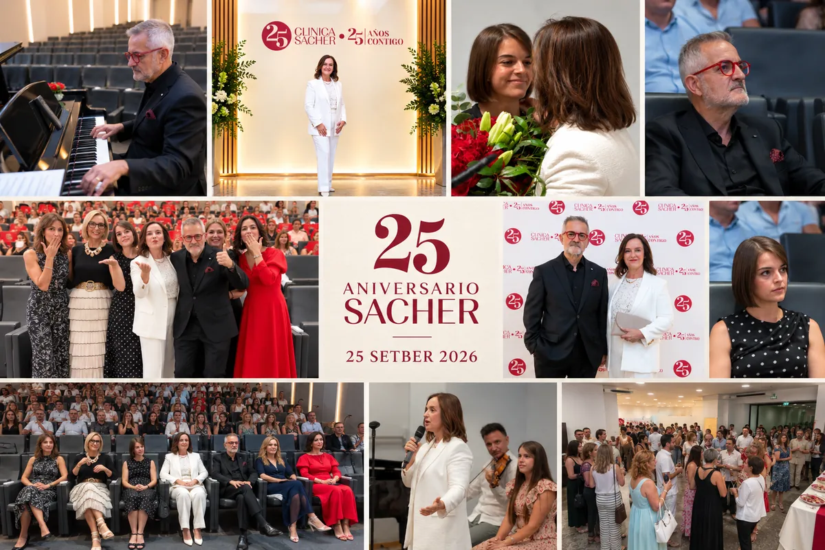 Collage del 25 aniversario de Clínica Sacher en Ontinyent: música, flores y momentos de la celebración.